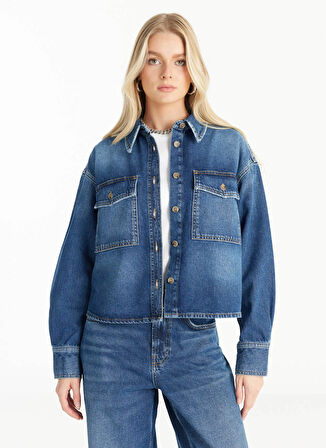 Ted Baker Oversized Klasik Gömlek Yaka Düz Koyu Mavi Kadın Gömlek TBWRDN1034