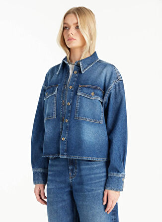 Ted Baker Oversized Klasik Gömlek Yaka Düz Koyu Mavi Kadın Gömlek TBWRDN1034