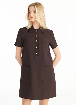 Ted Baker Polo Yaka Düz Koyu Kahve Midi Kadın Elbise TBWRDR1004-1