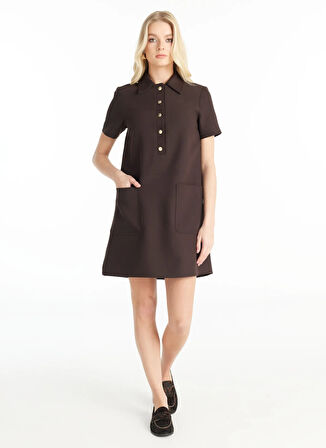 Ted Baker Polo Yaka Düz Koyu Kahve Midi Kadın Elbise TBWRDR1004-1