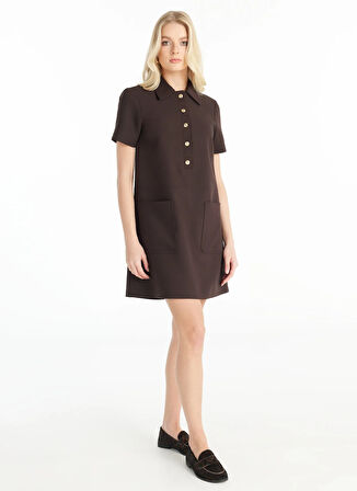 Ted Baker Polo Yaka Düz Koyu Kahve Midi Kadın Elbise TBWRDR1004-1