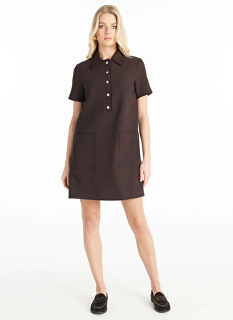 Ted Baker Polo Yaka Düz Koyu Kahve Midi Kadın Elbise TBWRDR1004-1
