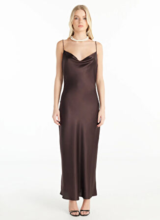 Ted Baker Degaje Yaka Düz Koyu Kahve Uzun Kadın Elbise TBWROC1003
