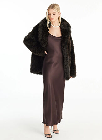 Ted Baker Degaje Yaka Düz Koyu Kahve Uzun Kadın Elbise TBWROC1003