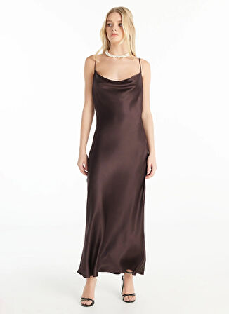 Ted Baker Degaje Yaka Düz Koyu Kahve Uzun Kadın Elbise TBWROC1003