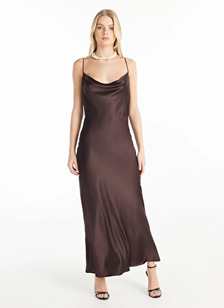Ted Baker Degaje Yaka Düz Koyu Kahve Uzun Kadın Elbise TBWROC1003