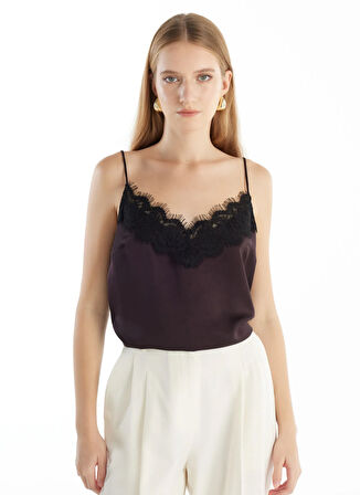 Ted Baker V Yaka Düz Koyu Kahve Kadın Bluz TBWRSH1016