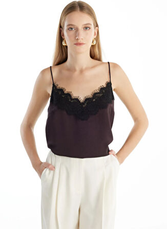 Ted Baker V Yaka Düz Koyu Kahve Kadın Bluz TBWRSH1016