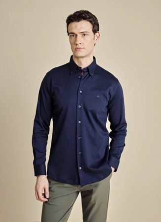Brooks Brothers Lacivert Erkek Düğmeli Slim Fit Logo Baskılı Gömlek BBSS26MKN001