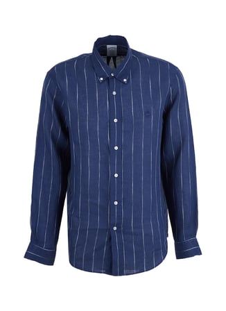 Brooks Brothers Lacivert Erkek Düğmeli Regular Fit Çizgili %100 Keten Gömlek BBSS26MSH015