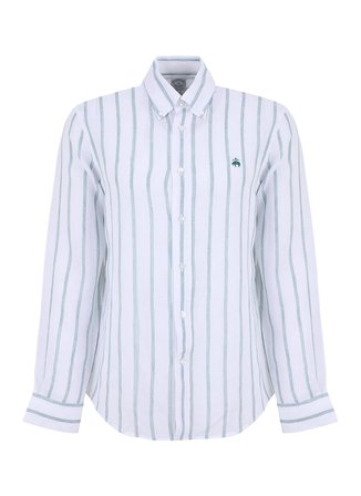 Brooks Brothers Yeşil - Beyaz Erkek Düğmeli Regular Fit Çizgili Gömlek BBSS26MSH013
