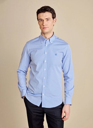 Brooks Brothers Slim Fit Düğmeli Yaka Mavi - Beyaz Erkek Gömlek BBSS26MSH009