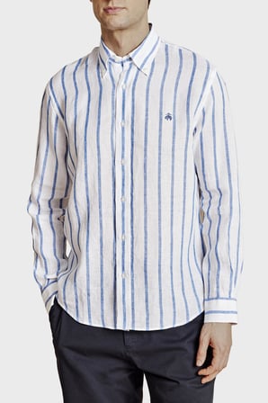 Brooks Brothers % 100 Keten Düğmeli Yaka Çizgili Gömlek Erkek GÖMLEK BBSS26MSH013175 MAVİ-BEYAZ