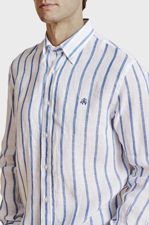 Brooks Brothers % 100 Keten Düğmeli Yaka Çizgili Gömlek Erkek GÖMLEK BBSS26MSH013175 MAVİ-BEYAZ