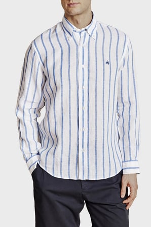 Brooks Brothers % 100 Keten Düğmeli Yaka Çizgili Gömlek Erkek GÖMLEK BBSS26MSH013175 MAVİ-BEYAZ