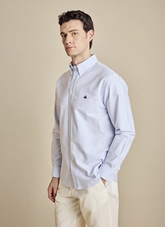 Brooks Brothers Beyaz - Mavi Erkek Düğmeli Regular Fit Çizgili Gömlek BBSS26MSH021
