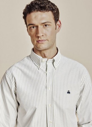 Brooks Brothers Beyaz Erkek Düğmelmi Regular Fit Çizgili Gömlek BBSS26MSH021