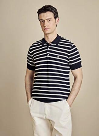 Brooks Brothers Kırık Beyaz - Lacivert Erkek Çizgili Kazak BBSS26MKL004