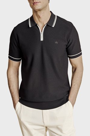 Brooks Brothers Yarım Fermuarlı Petek Örgü Rayon Kısa Kol Polo Yaka Kazak Erkek POLO YAKA KAZAK BBSS26MKL007386 Siyah-Kırık Beyaz