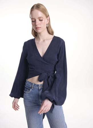 Lacivert Kadın %100 Kupro Bluz TBWRSH2090