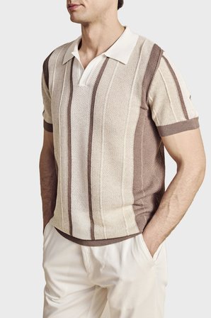 Brooks Brothers Düğmesiz Çizgili Keten Karışımlı Kısa Kollu Polo Yaka Kazak Erkek POLO YAKA KAZAK BBSS26MKL008463 Vizon-Ekru-Beyaz