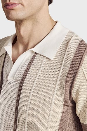 Brooks Brothers Düğmesiz Çizgili Keten Karışımlı Kısa Kollu Polo Yaka Kazak Erkek POLO YAKA KAZAK BBSS26MKL008463 Vizon-Ekru-Beyaz