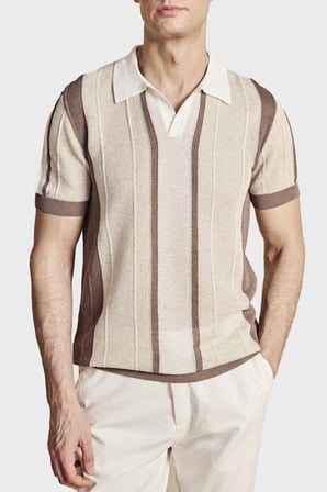 Brooks Brothers Düğmesiz Çizgili Keten Karışımlı Kısa Kollu Polo Yaka Kazak Erkek POLO YAKA KAZAK BBSS26MKL008463 Vizon-Ekru-Beyaz