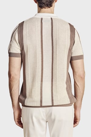 Brooks Brothers Düğmesiz Çizgili Keten Karışımlı Kısa Kollu Polo Yaka Kazak Erkek POLO YAKA KAZAK BBSS26MKL008463 Vizon-Ekru-Beyaz