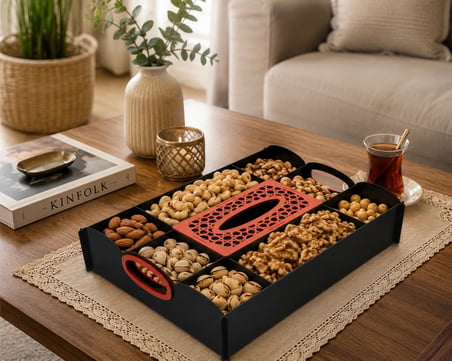 45x33 cm Ahşap Kuruyemiş Sunum Tepsisi ve Peçetelik – Lazer Kesim MDF Servis Tepsisi