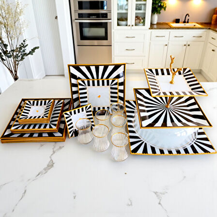 Sudedi Home İvon Black Kare Opal 34 Parça Çay Pasta İkram Takımı