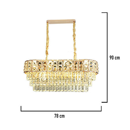 Della Sıralı 40 Watt Dikdörtgen Gold Kristal Taşlı Yemek Masası Üstü, Salon Avize
