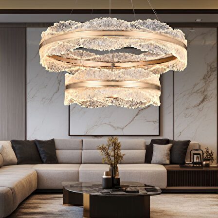 Laden İki Katlı 150 Watt Gold Kristal Taşlı Modern Salon Led Sarkıt Avize