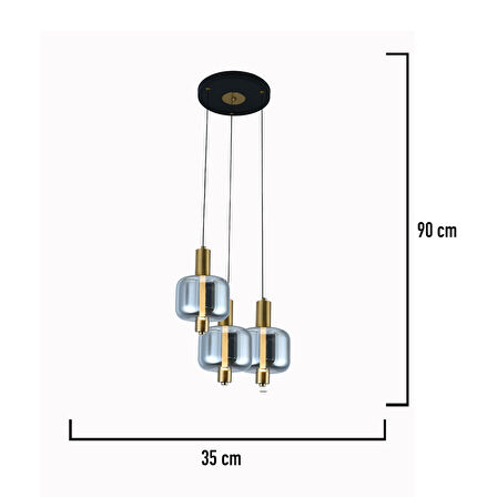 Mary  Siyah 3'lü Yuvarlak Füme Camlı 7 Watt Modern Salon Led Sarkıt Avize