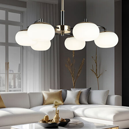 Pura 6'lı Siyah Gold 60 Watt Yuvarlak Modern Oturma Odası, Salon Avize
