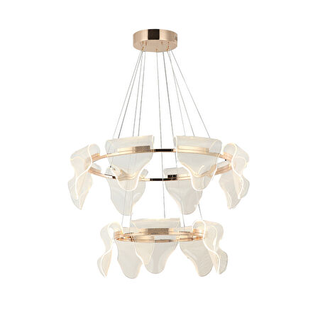 Prag Gold İki Katlı 65 Watt Yuvarlak Kristalli Modern Salon Led Sarkıt Avize
