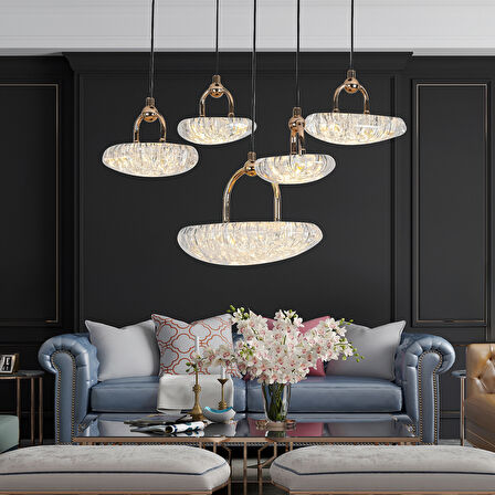 Firuze 5'Lİ 30 Watt Sarkıt Eskitme Kristal Taşlı Modern Tasarım Salon Led Avize