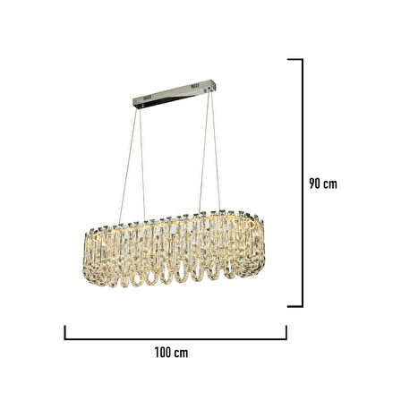 Zora Krom Sıralı 51 Watt Kristal Taşlı Modern Tasarım Yemeke Masası Üstü Salon  Led Avize
