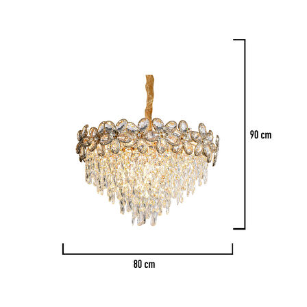 Saral 80'lik Yuvarlak Gold Kristal Taşlı Modern Tasarım Salon Avize
