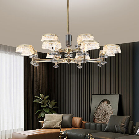 Ekerd 12'li Gold 100 Watt Yuvarlak Kristalli Modern Sarkıt Salon Led Avize