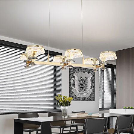 Ekerd 6'lı Gold 100 Watt Sıralı Yemek Masası Üstü Kristalli Modern Sarkıt Salon Led Avize