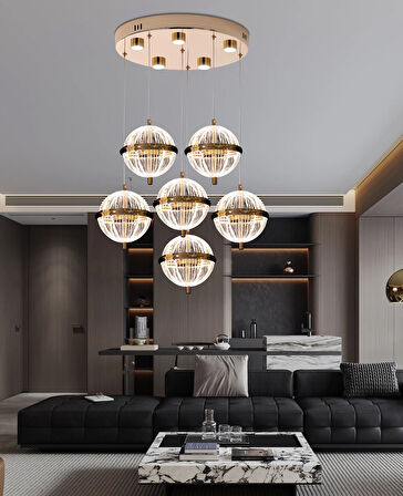 Barkın 6'Lı 40 Watt Yuvarlak Gold Ledli Modern Salon Avize