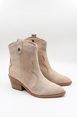 Venüs Kadın Hakiki Süet Deri Mat Sivri Burun Slip On Kalın Kısa Topuklu Kovboy Bot  VN2454112K - Bej - 36