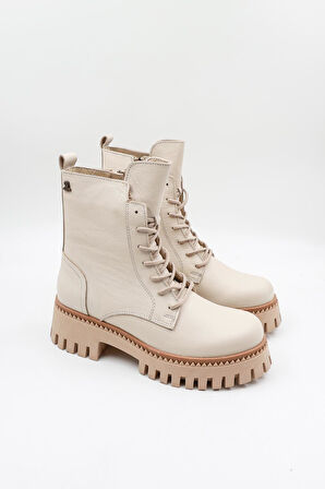 Venüs Kadın Hakiki Deri Bağcıklı Postal Bot 2251811K - Bej - 36