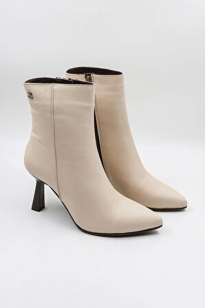 Venüs Kadın Hakiki Deri İnce Topuk Fermuarlı Bot 2554002K - Bej - 36