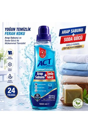 by ACT perfume 🔥 ACT Arap Sabunu + Soda Gücü Çamaşır Deterjanı 1000 ml | 24 Yıkama | Renkli & Beyazlarda Yoğun Temizlik