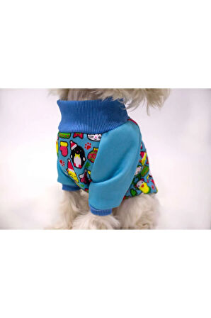 Patilinka Kedi Köpek Kışlık Kıyafet – Mavi Şardonlu Desenli Sweat