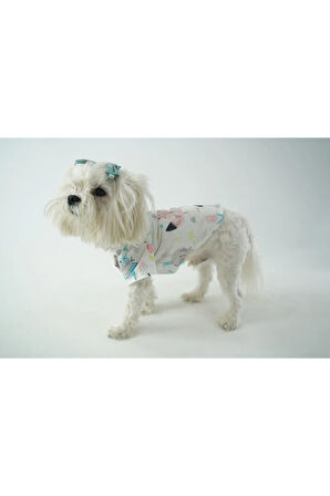 Patilinka Kedi Köpek Yazlık Kıyafet – Hayvan Desenli Beyaz Poplin Tişört