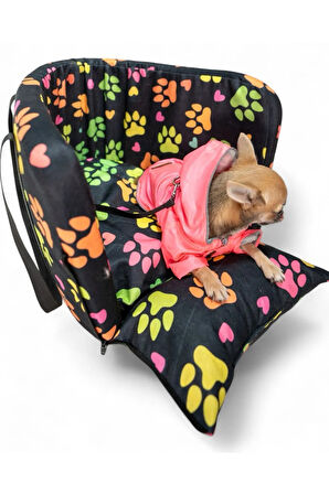 Patilinka Kedi Köpek Taşıma Çantası – Pati Desenli Tasma Kancalı Oto Koltuğu - Taşıma Çantası