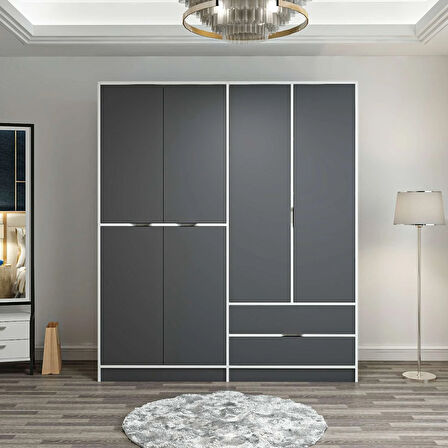 Elina 4 Kapaklı Dolap - Beyaz/Antrasit