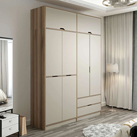 Elina 4 Kapaklı Dolap + Yüklük - Dore/Kumtaşı